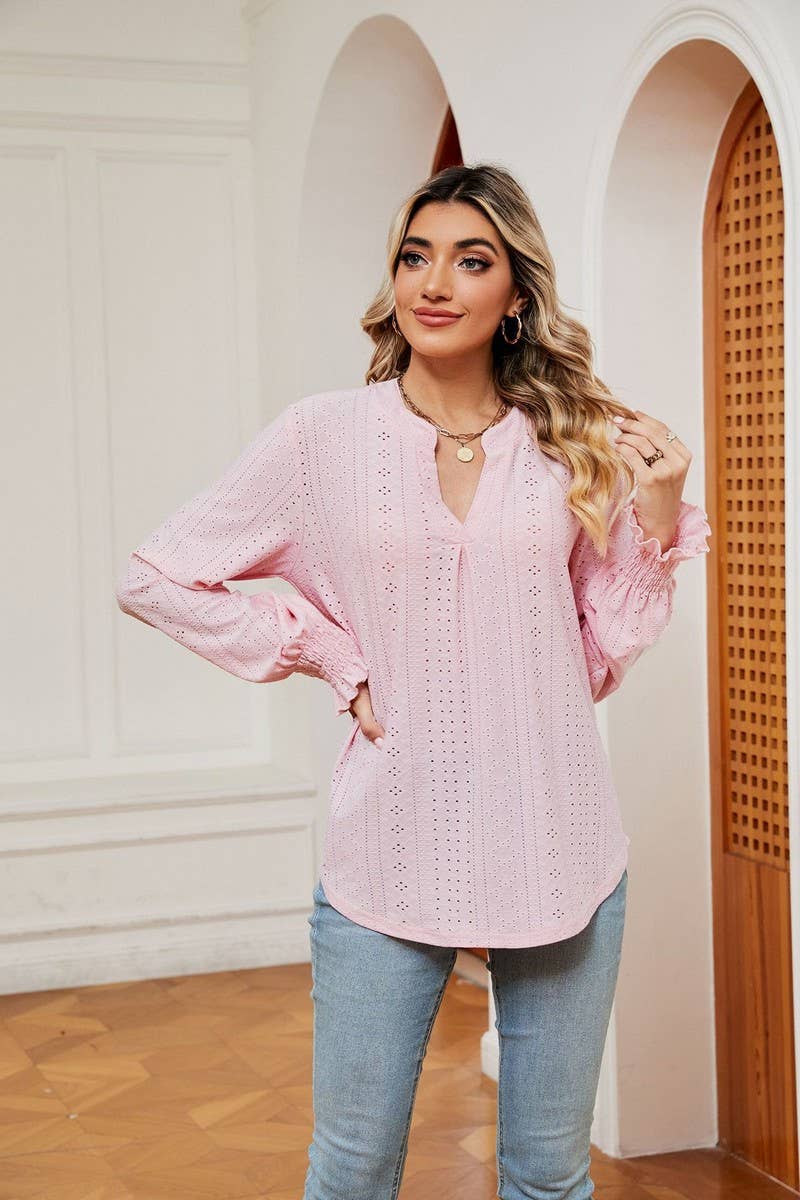 CWTBLL2377_SOLID COLOR V-NECK LOOSE LONG-SLEEVED PULLOVER