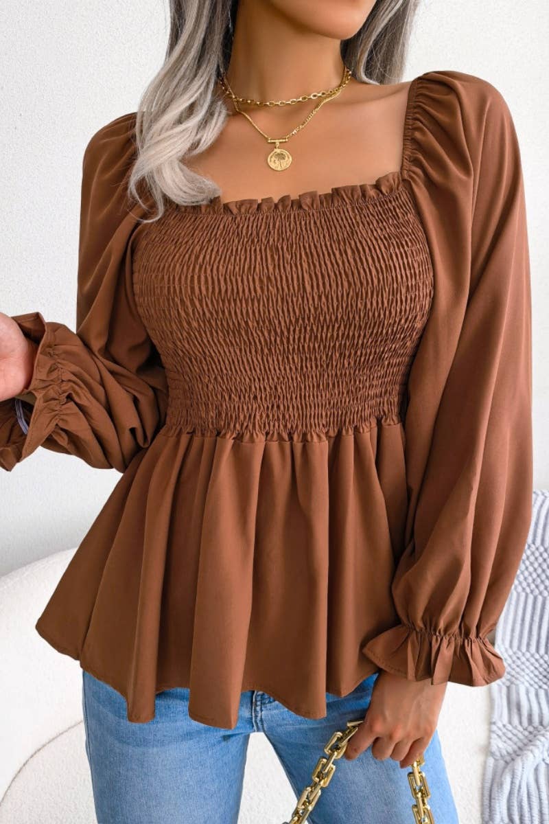 CWTBLL0957_SUMMER CHIFFON WOOD EAR LONG SLEEVE TOP