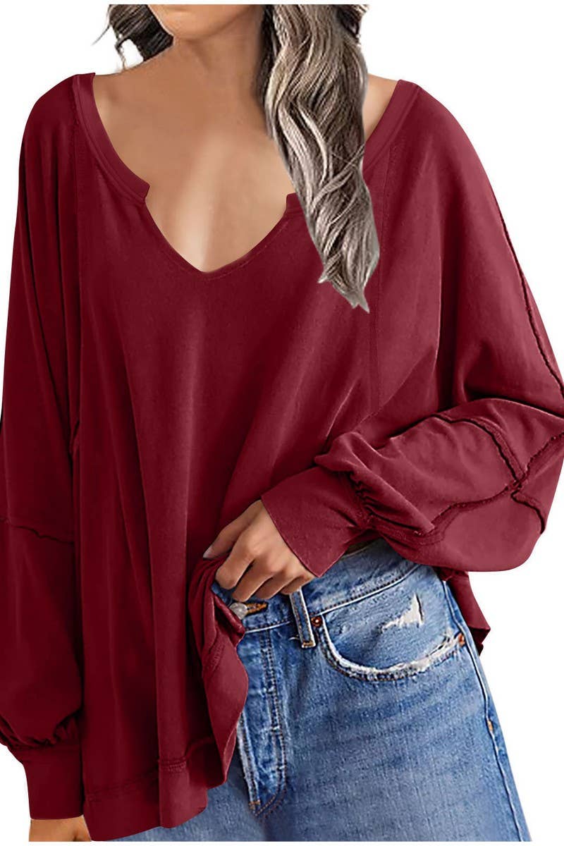 CWTBLL3940_LOOSE SOLID V-NECK ASYMMETRICAL LONG SLEEVE TEE