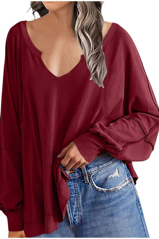 CWTBLL3940_LOOSE SOLID V-NECK ASYMMETRICAL LONG SLEEVE TEE