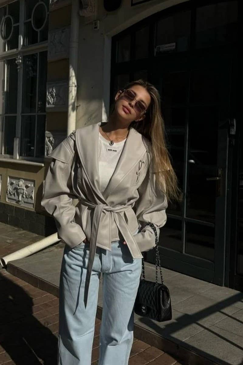 CWOCO1063_VINTAGE CASUAL LACE-UP FAUX LEATHER JACKET