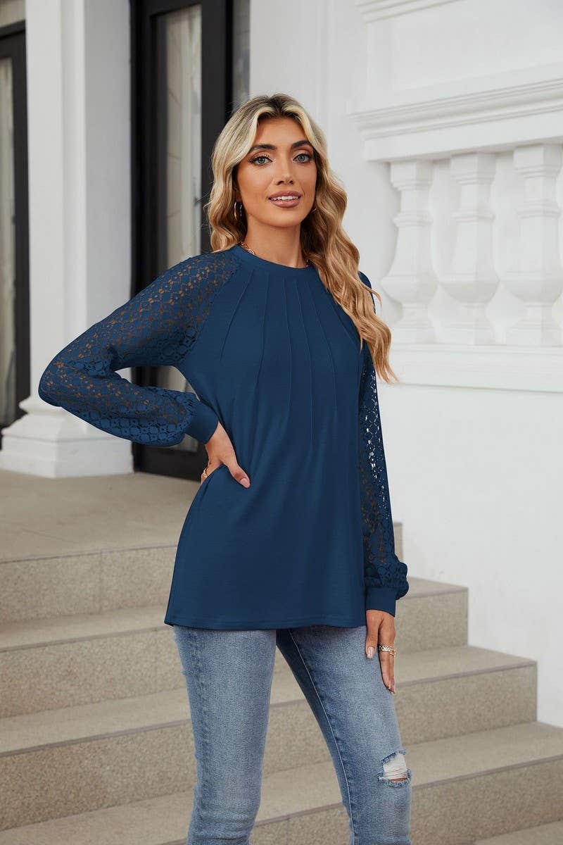 CWTBLL2349_AUTUMN AND WINTER ROUND NECK LACE CASUAL T-SHIRT