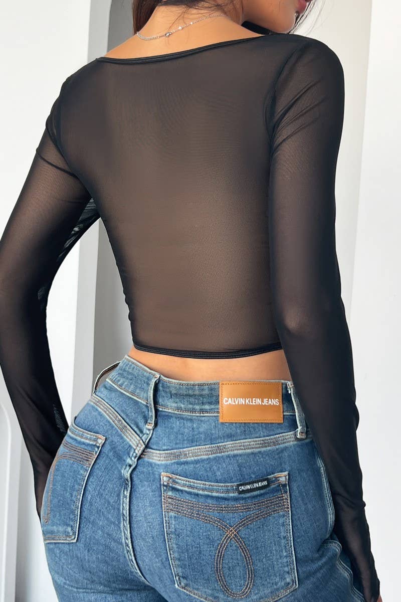 CWTBLL3643_PU LEATHER STITCHING HERRINGBONE MESH TOP