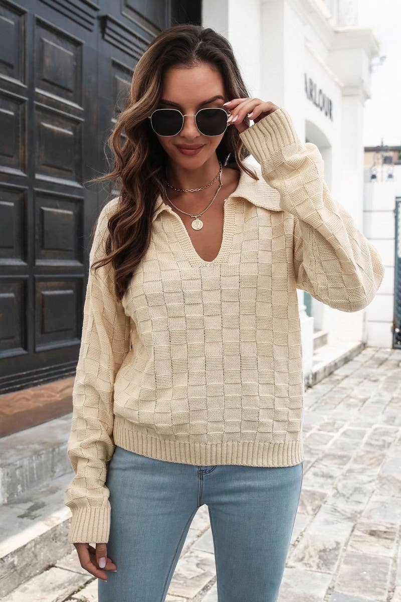 CWOSWL6854_NEW LOOSE THREE-DIMENSIONAL PLAID LAPEL SWEATER