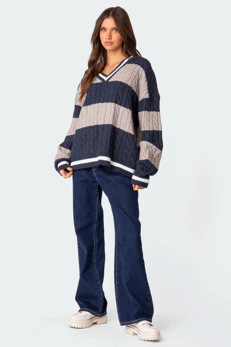 CWOSWL6749_V-NECK STRIPED CONTRAST LOOSE KNIT SWEATER