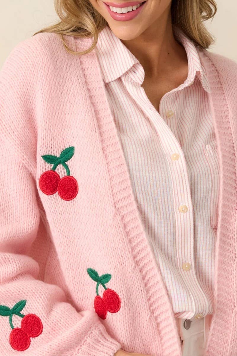 CWOCAL2361_ELEGANT PEACH EMBROIDERY KNIT CARDIGAN TOP