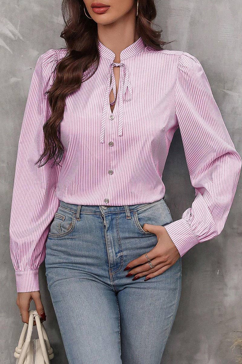 CWTBLL01287_HALF-OPEN COLLAR TIE LONG-SLEEVED STRIPED SHIRT