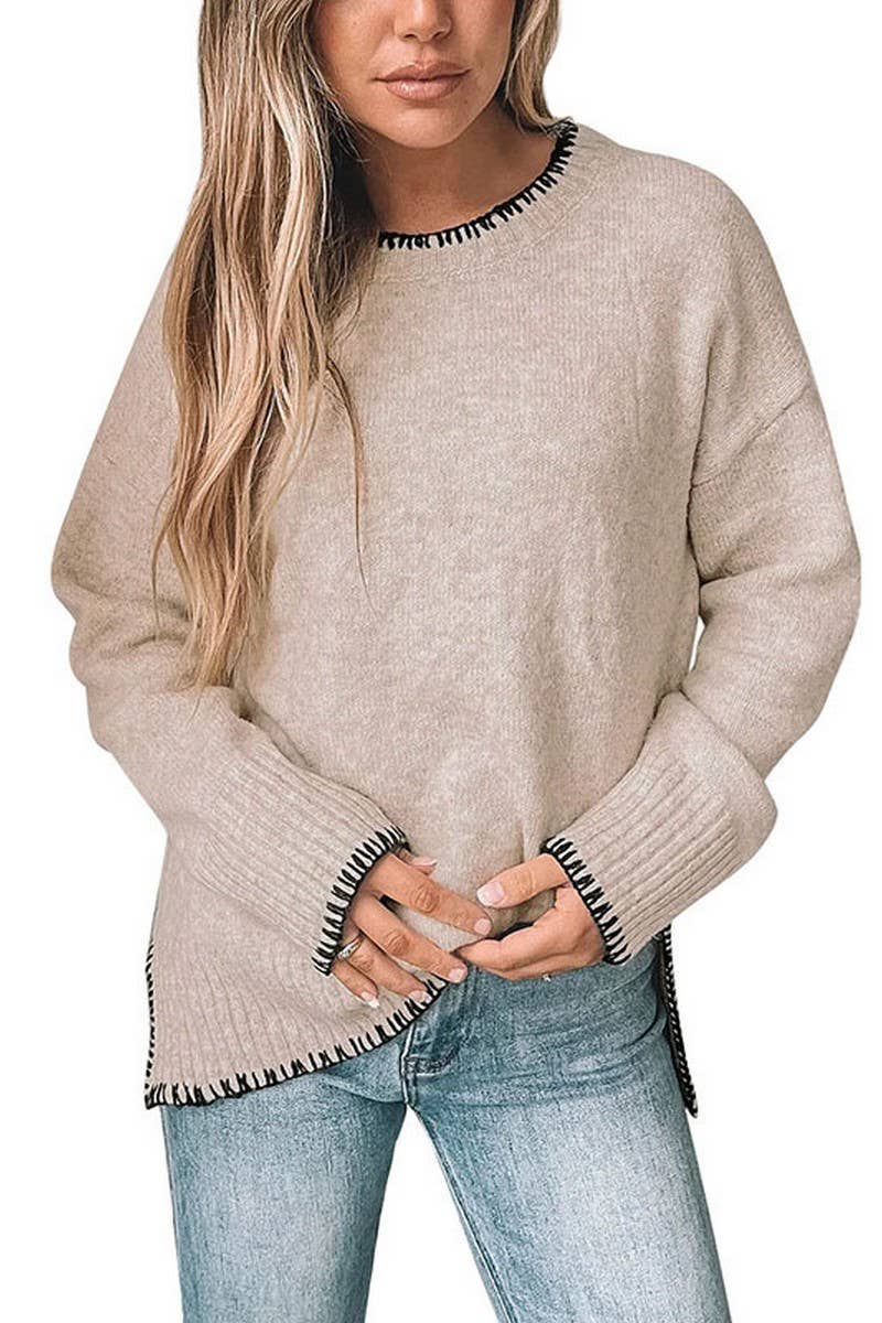 CWOSWL3780_CREW NECK CASUAL LONG SLEEVE SLIT KNITTED SWEATER