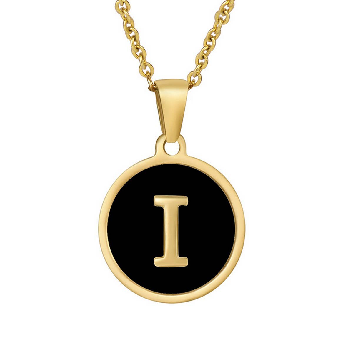 CWAJE1935_Round Stainless Steel Black Shell Letter Necklace