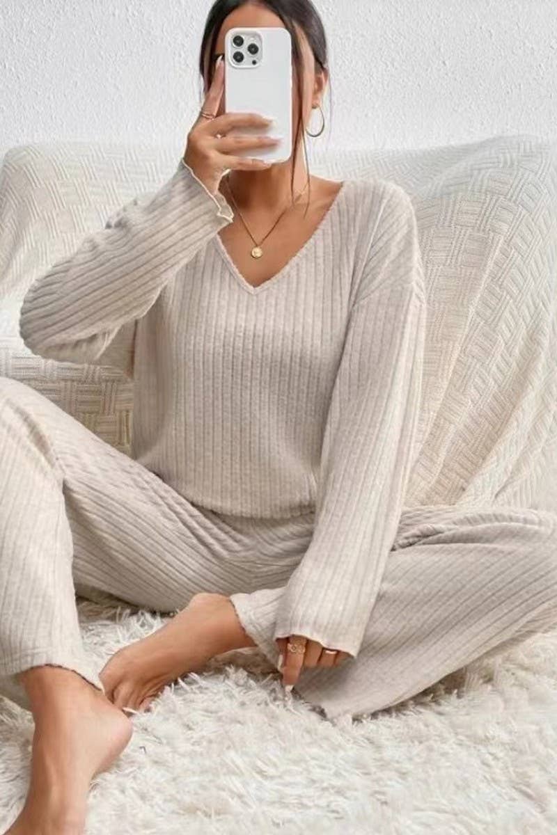 CWSTB1320_V-NECK CASUAL RIBBED BRUSHED LONG-SLEEVED SUIT