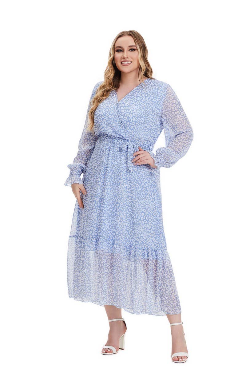 CWDMD3240_PLUS SIZE V NECK LONG SLEEVE FLORAL DRESS