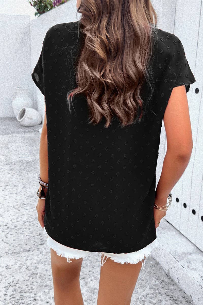 CWTBLS0387_V-Neck Button Detailed Short Sleeve Top