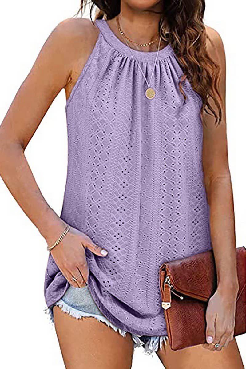 CWTTSL00214_SUMMER NEW ROUND NECK VEST HOLLOW SLEEVELESS TOP