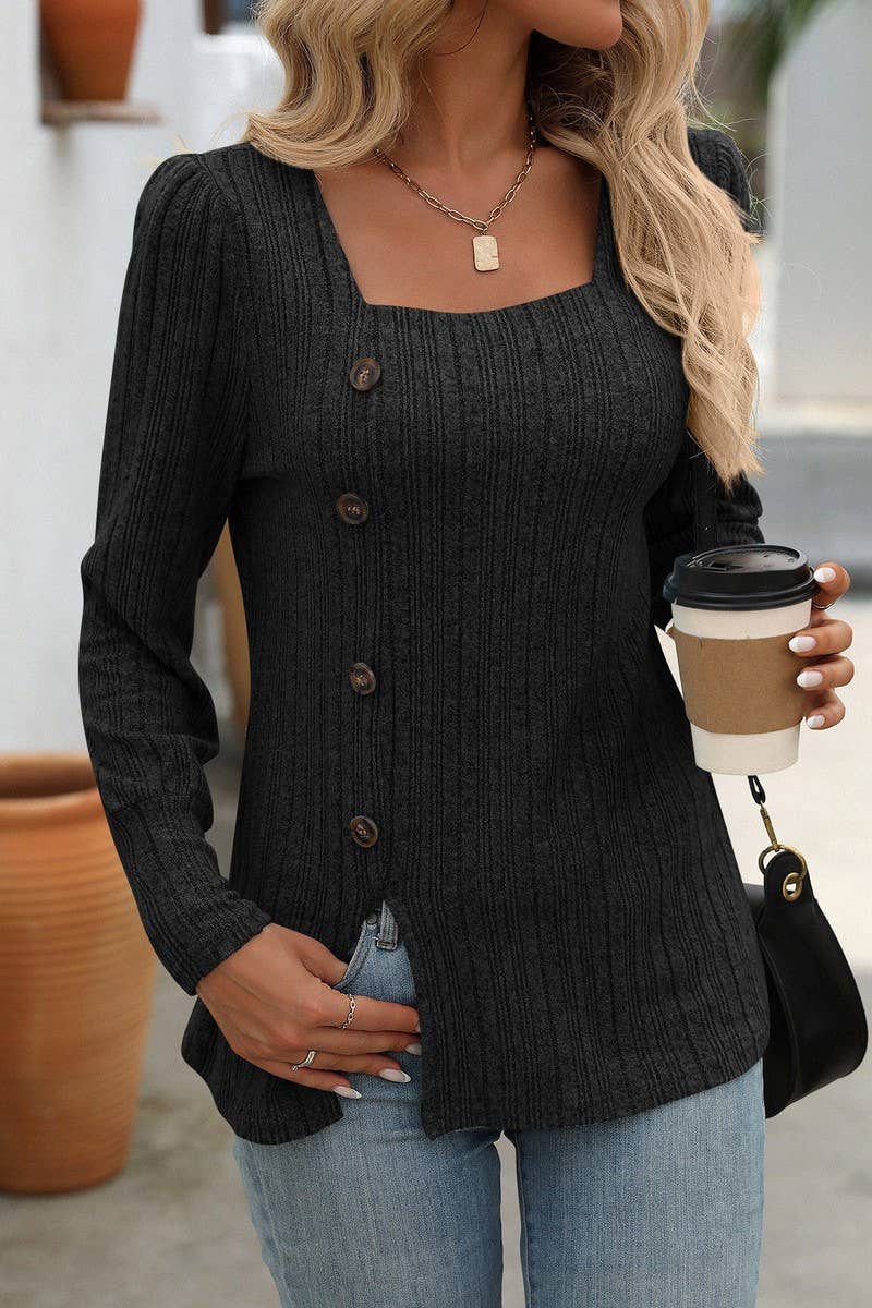 CWOSWL6829_SQUARE NECK BRUSHED SOLID COLOR LONG SLEEVE TOP