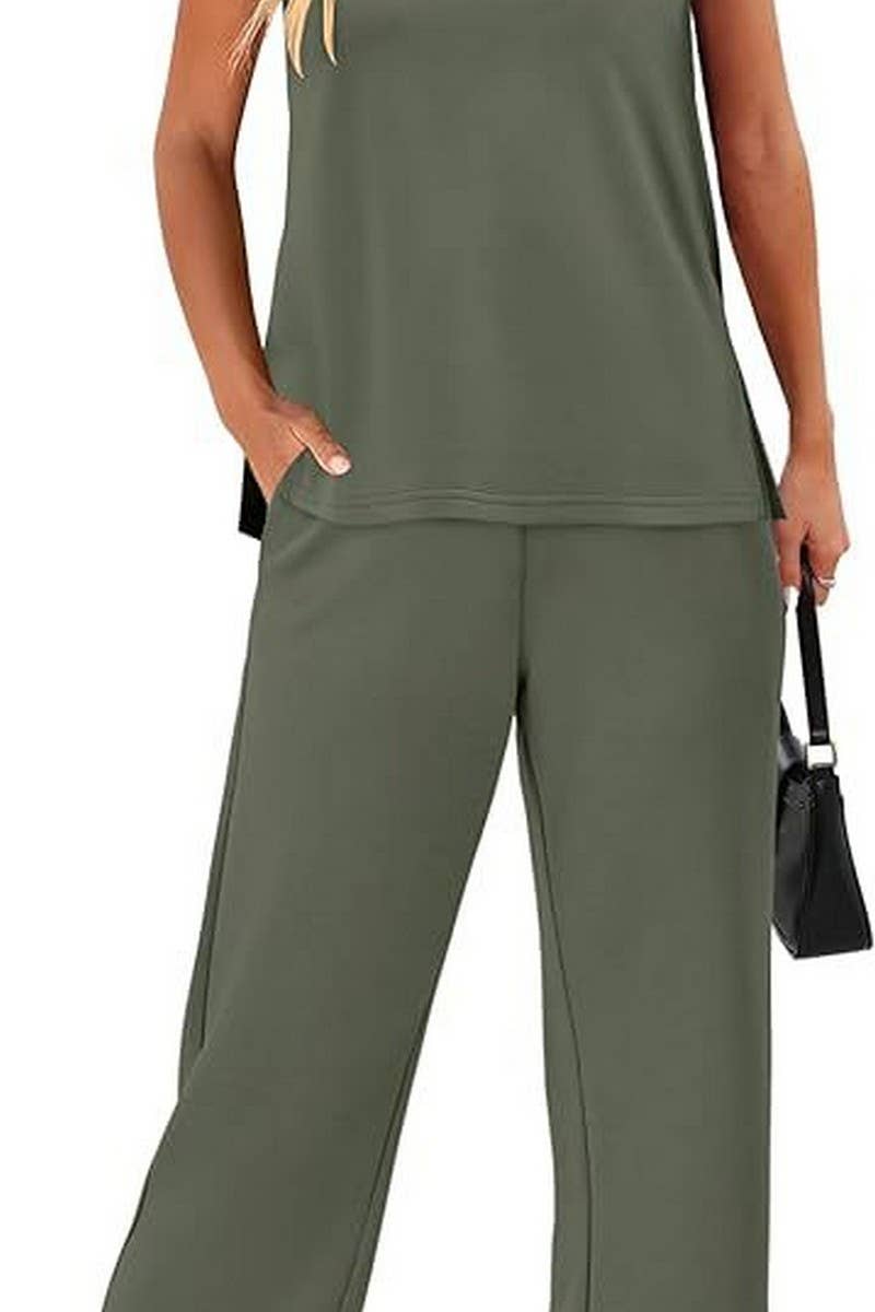 CWSS01304_SUMMER V-NECK VEST CASUAL PANTS MATCHING SET