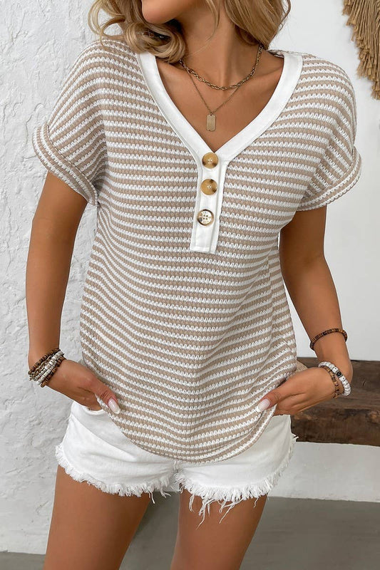 CWTTS1356_MER WOMEN'S KNITTED V-NECK SHORT SLEEVES