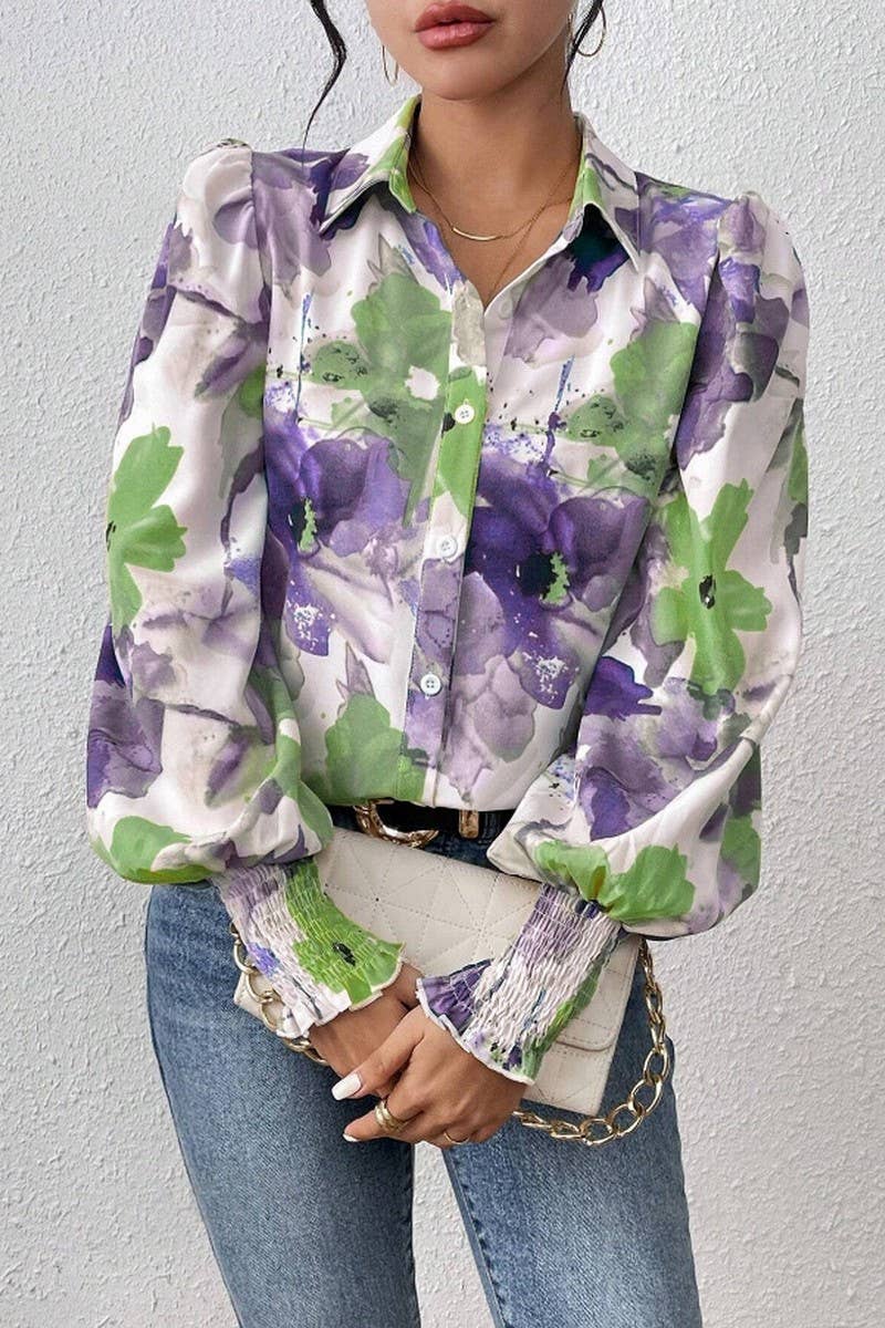 CWTSTL2885_PRINTED COLLARED PUFF SLEEVE LOOSE FIT SHIRT