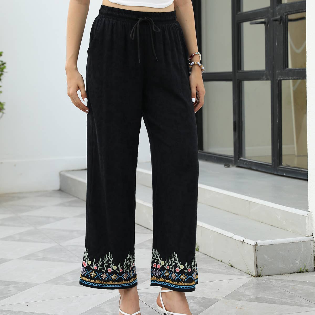 Folk embroidery pass-through wide-legged pants