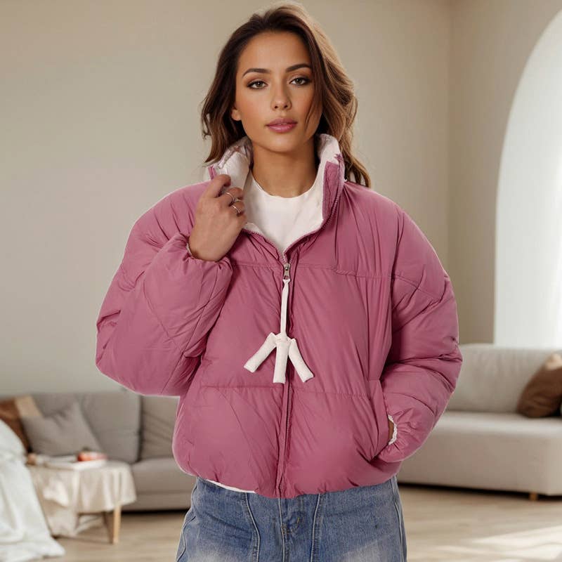 CONTRASTING COLOR ZIPPER STAND-UP COLLAR JACKET