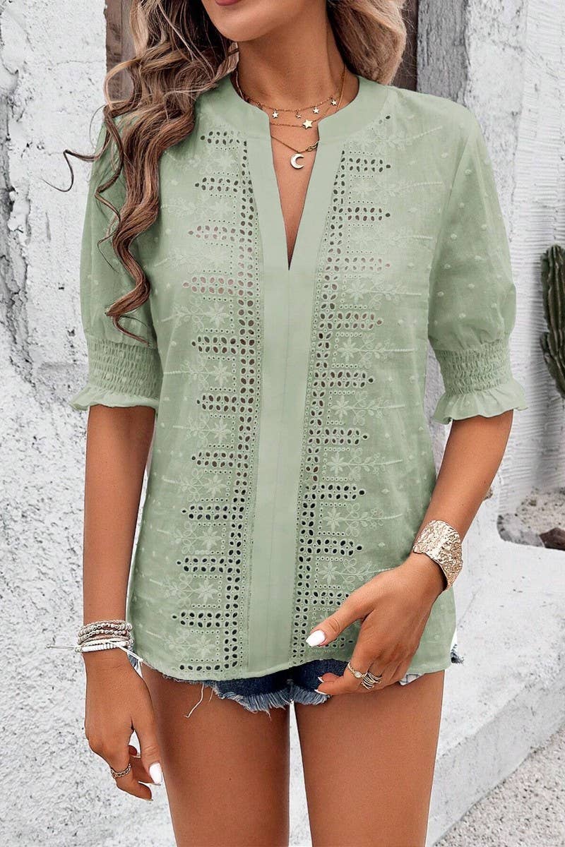 CWTTS1388_V-NECK PUFF SLEEVES HOLLOW POMPOM LACE T-SHIRT