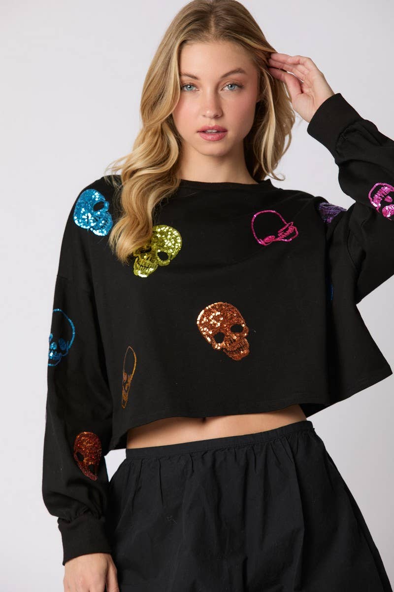 CWTBLL01262_HALLOWEEN SKULL SEQUIN LOOSE SWEATSHIRT