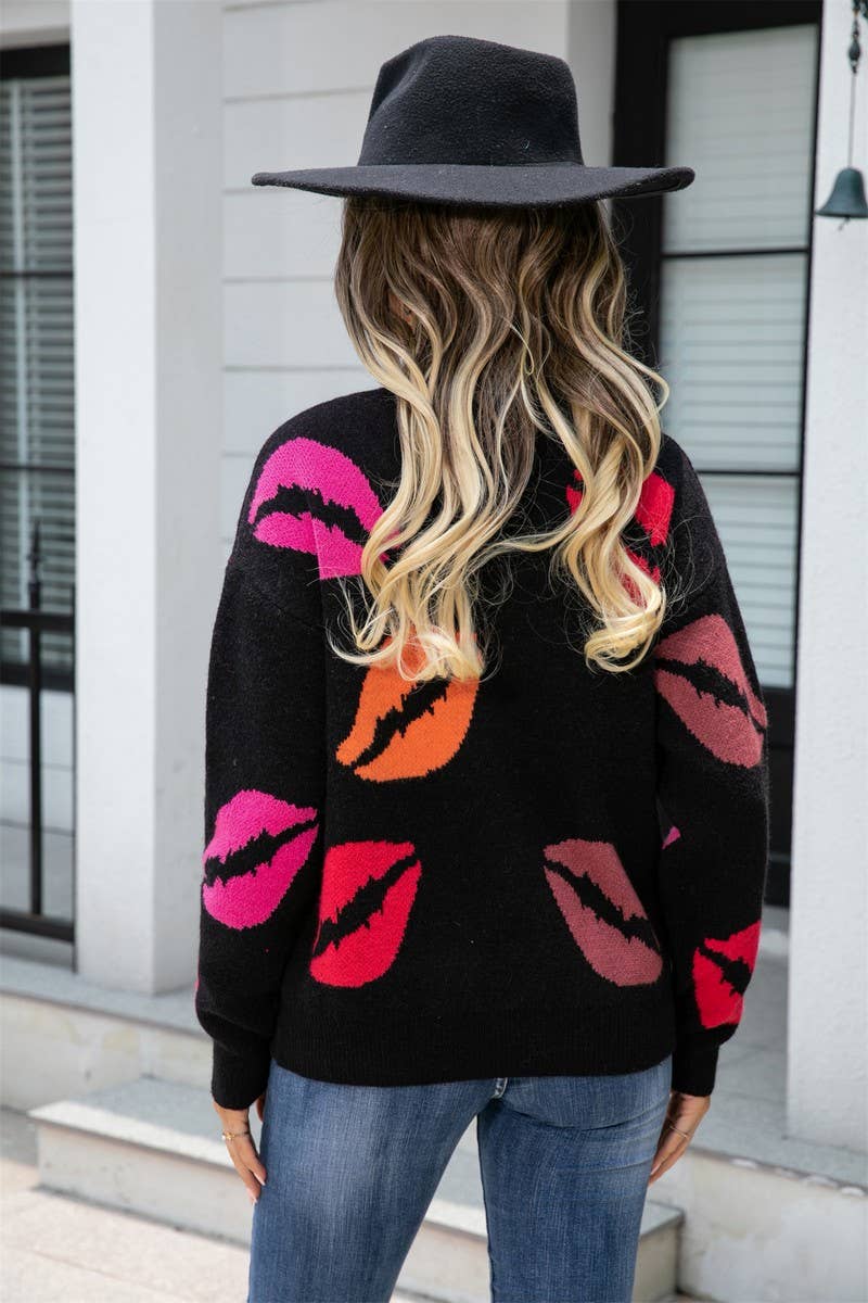 CWOSWL3165_LIPS PRINT VALENTINE'S DAY V-NECK KNIT SWEATER
