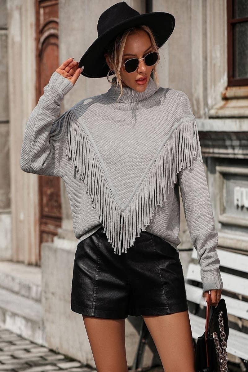 CWOSWL604 Turtle neck Fringe Tassel Pullover Sweater