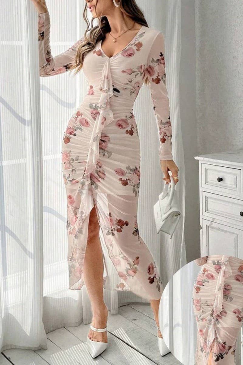 CWDMD01225_MESH V NECK RUCHED SPLIT PENCIL DRESS