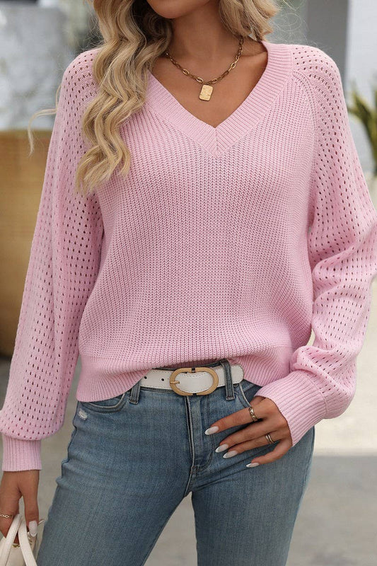 CWOSWL4202_HOLLOW V-NECK LONG-SLEEVED KNITTED SWEATER