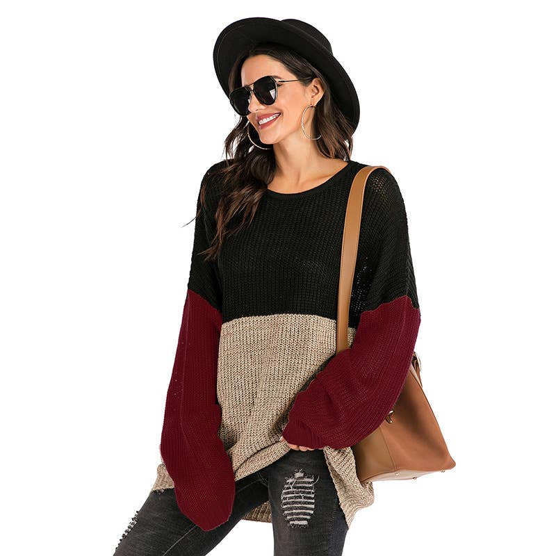 COLOR CONTRAST LOOSE SLIMMING CREW-NECK SWEATER