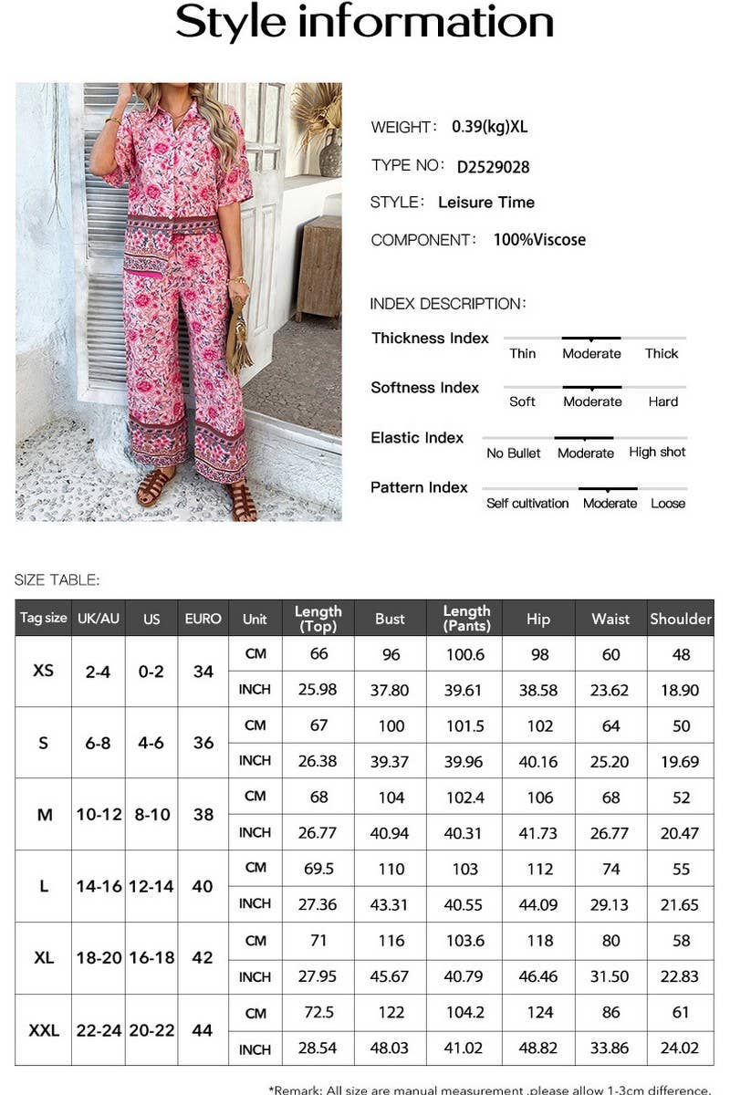 CWSS1190_CONTRAST COLOR PRINT SHORT SLEEVE LONG PANTS SUIT