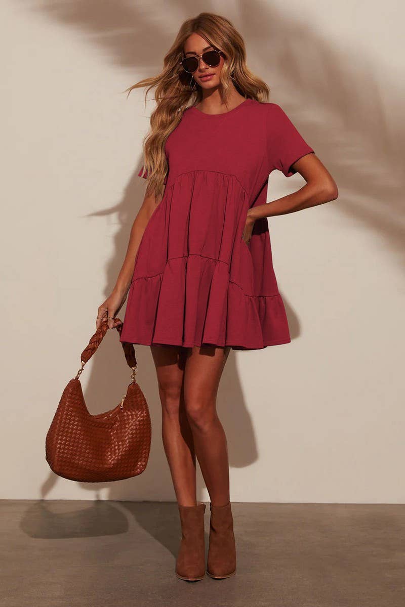 CWDSD7774_CASUAL POCKETED SHORT SLEEVE RUFFLED DRESS