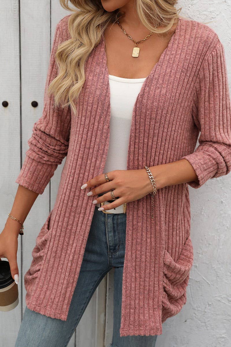 CWOCAL1308_SOLID COLOR RIBBED POCKET LONG SLEEVE CARDIGAN