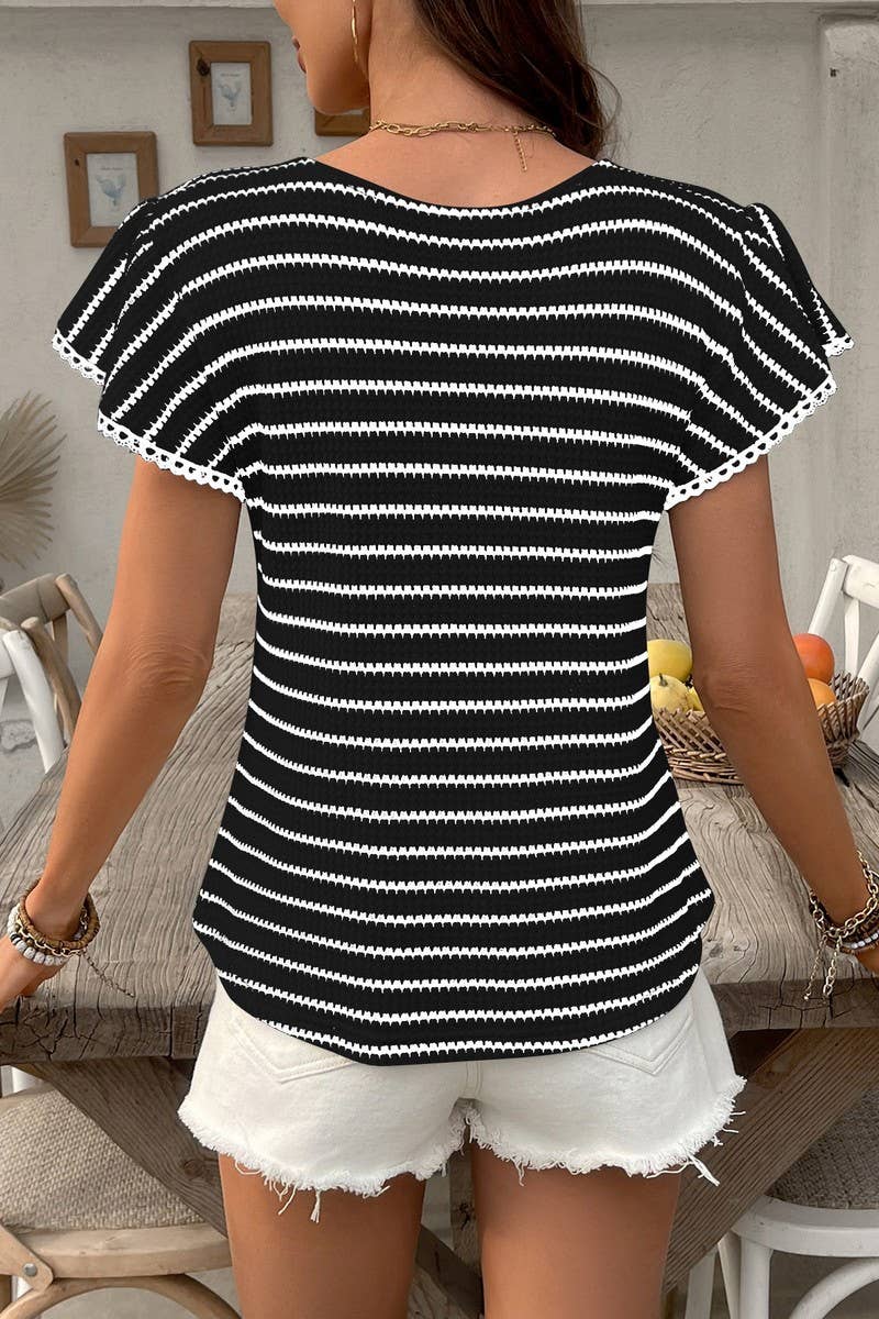 CWTTS1359_SUMMER LACE ROUND NECK STRIPED SHORT SLEEVE TOP
