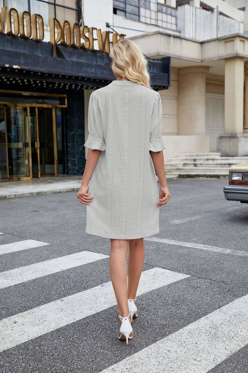 CWDSD7277_V-NECK CASUAL TRUMPET SLEEVE SHORT-SLEEVED DRESS