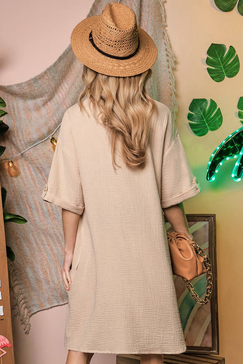 CWDSD10407_SHORT SLEEVE BUTTON DOWN MINI SHIRTS DRESS