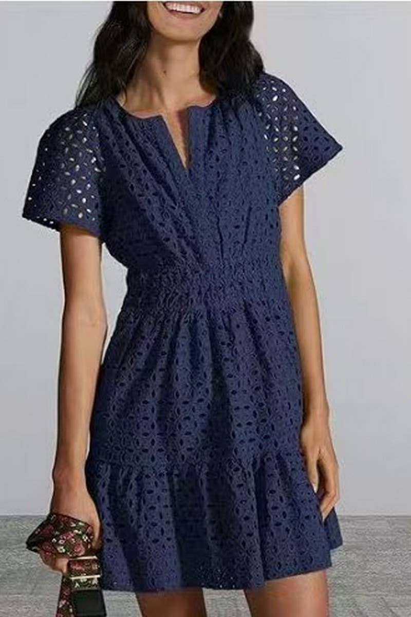 CWDSD8516_V-NECK A-LINE LACE HOLLOW SHORT SLEEVE MINI DRESS