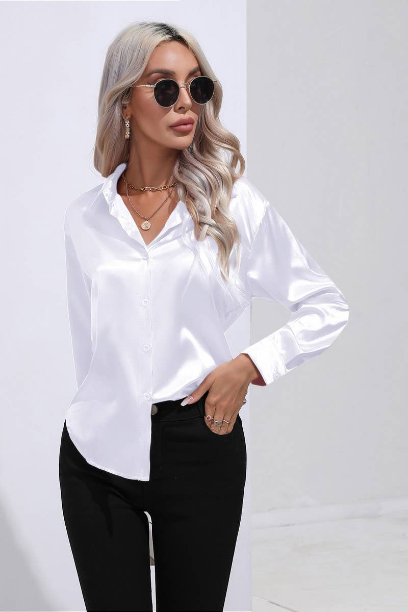 CWTBLL0690_Button Down Silky Satin Long Sleeve Top