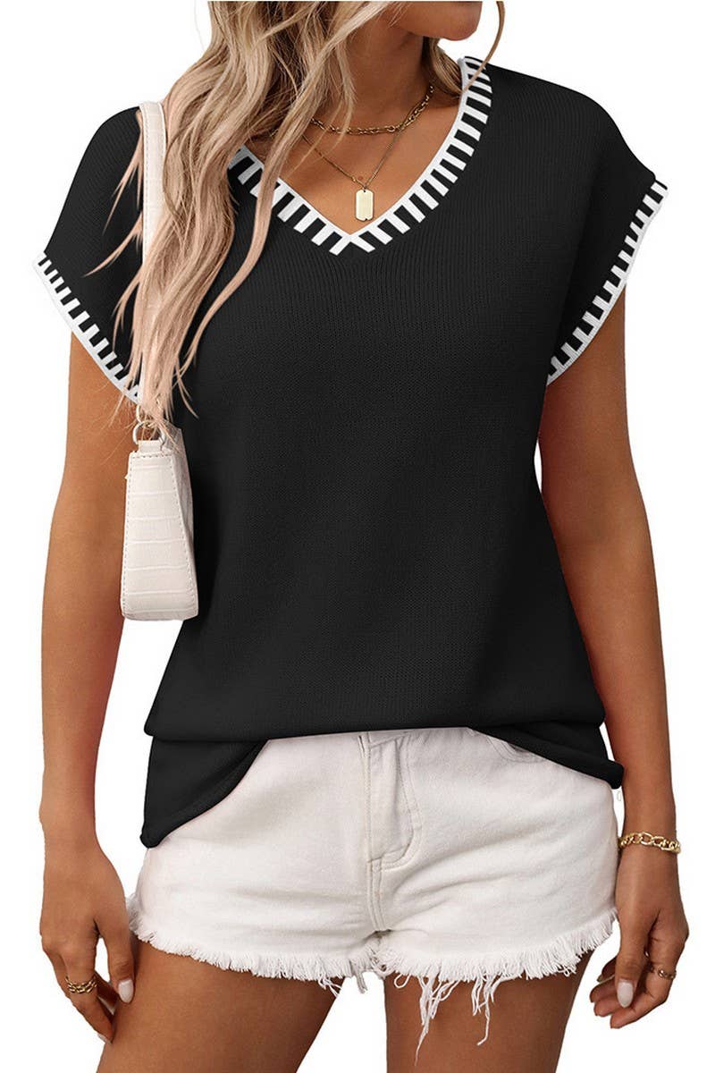 CWOSWSL0155_V-NECK CAP SLEEVE KNIT PULLOVER SWEATER VEST