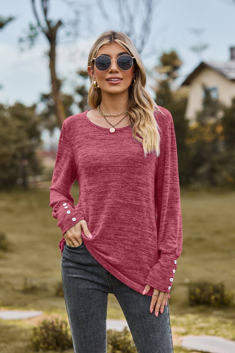 CWTBLL3688_SOLID COLOR ROUND NECK LOOSE CASUAL LONG SLEEVE T