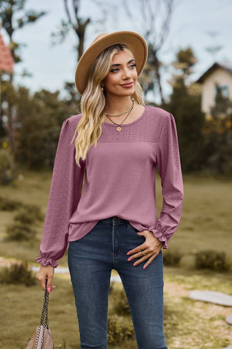 CWTBLL2417_SPLICED ROUND NECK LOOSE LONG SLEEVE T-SHIRT TOP