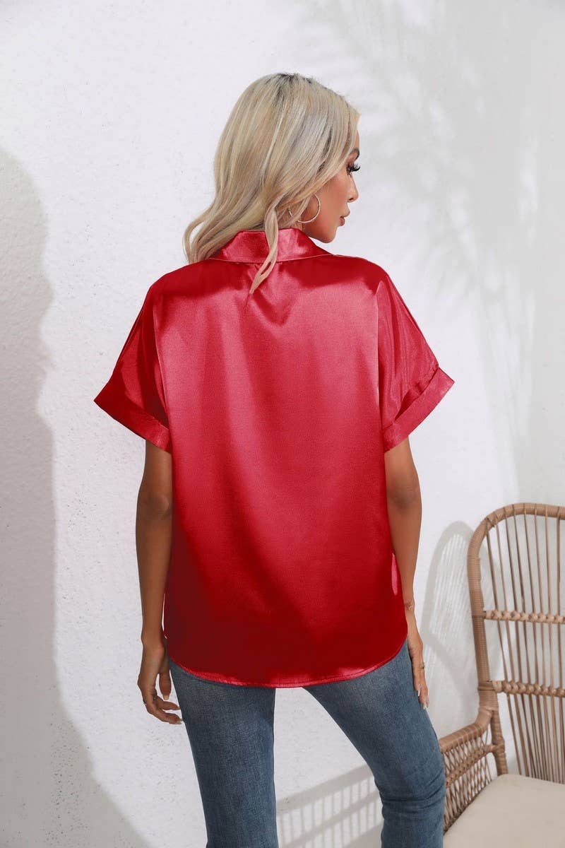 CWTBLS0406_Button Down Silky Satin Short Sleeve Top