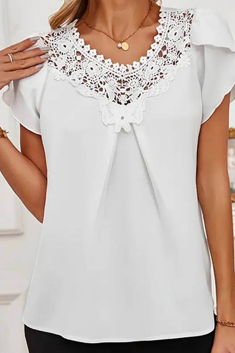 CWTTS1401_SUMMER SOLID COLOR LACE SHORT SLEEVE SHIRT