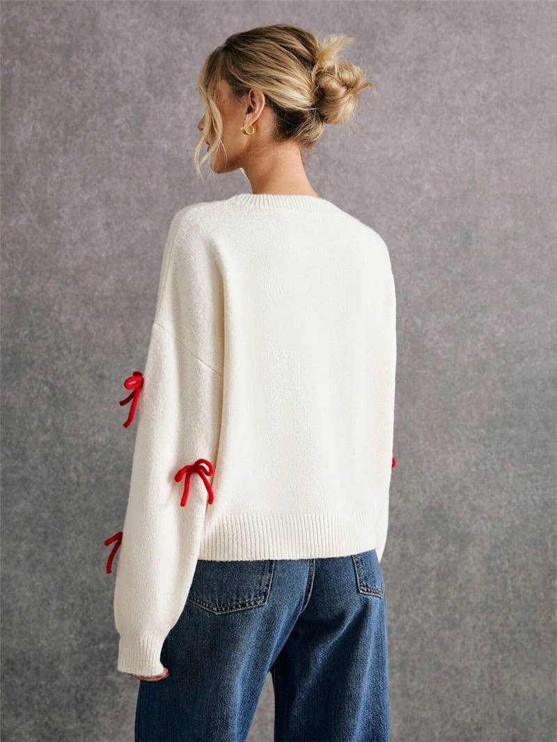 Bowknot adornment easing round neck sweaters