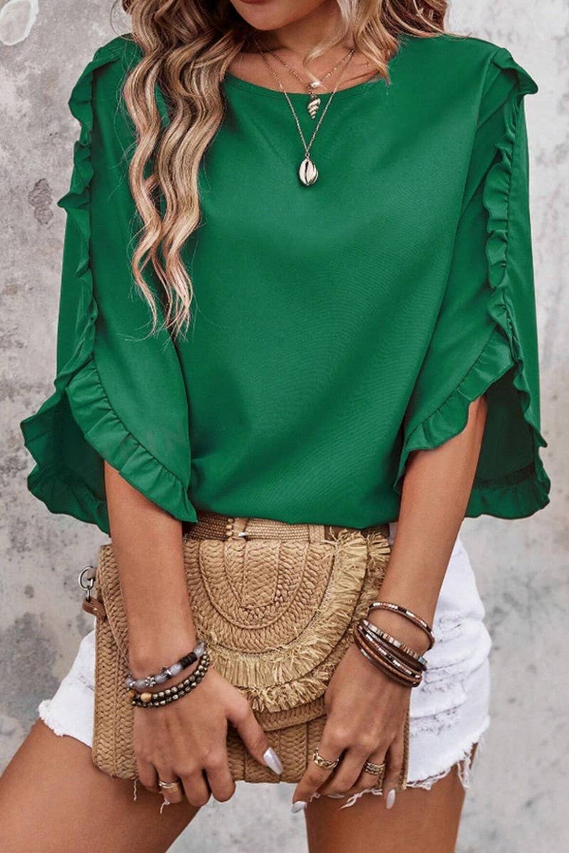 CWTBLS2263_LACE TRIM CREW NECK 3/4 SLEEVE ASYMMETRICAL TOP