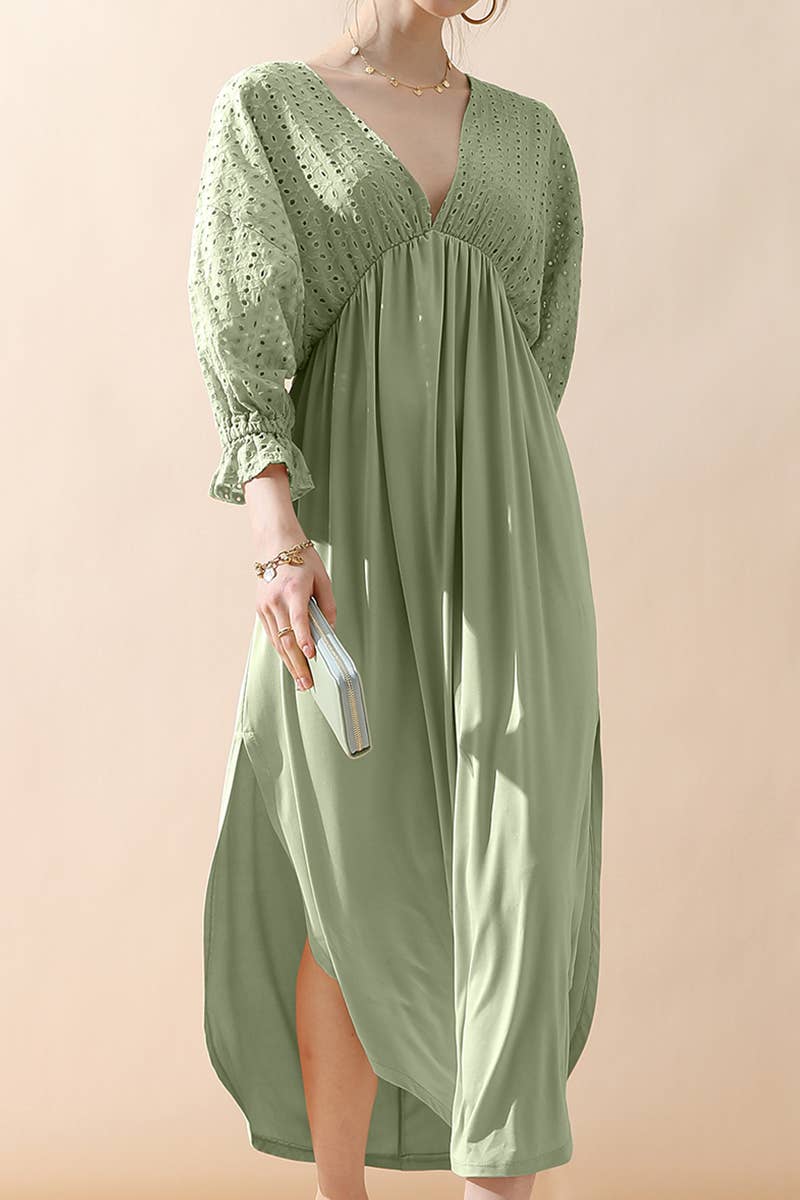 CWDMD795_3/4 SLEEVE V NECK LONG DRESS
