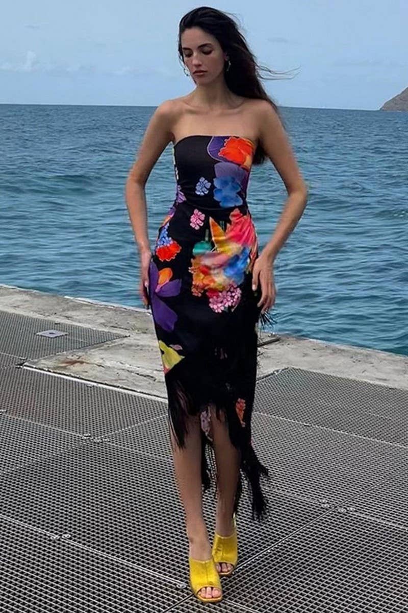 CWDTD0386_PRINTED TASSEL HALTER BACK SEXY SLIT DRESS