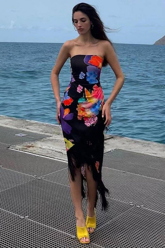 CWDTD0386_PRINTED TASSEL HALTER BACK SEXY SLIT DRESS