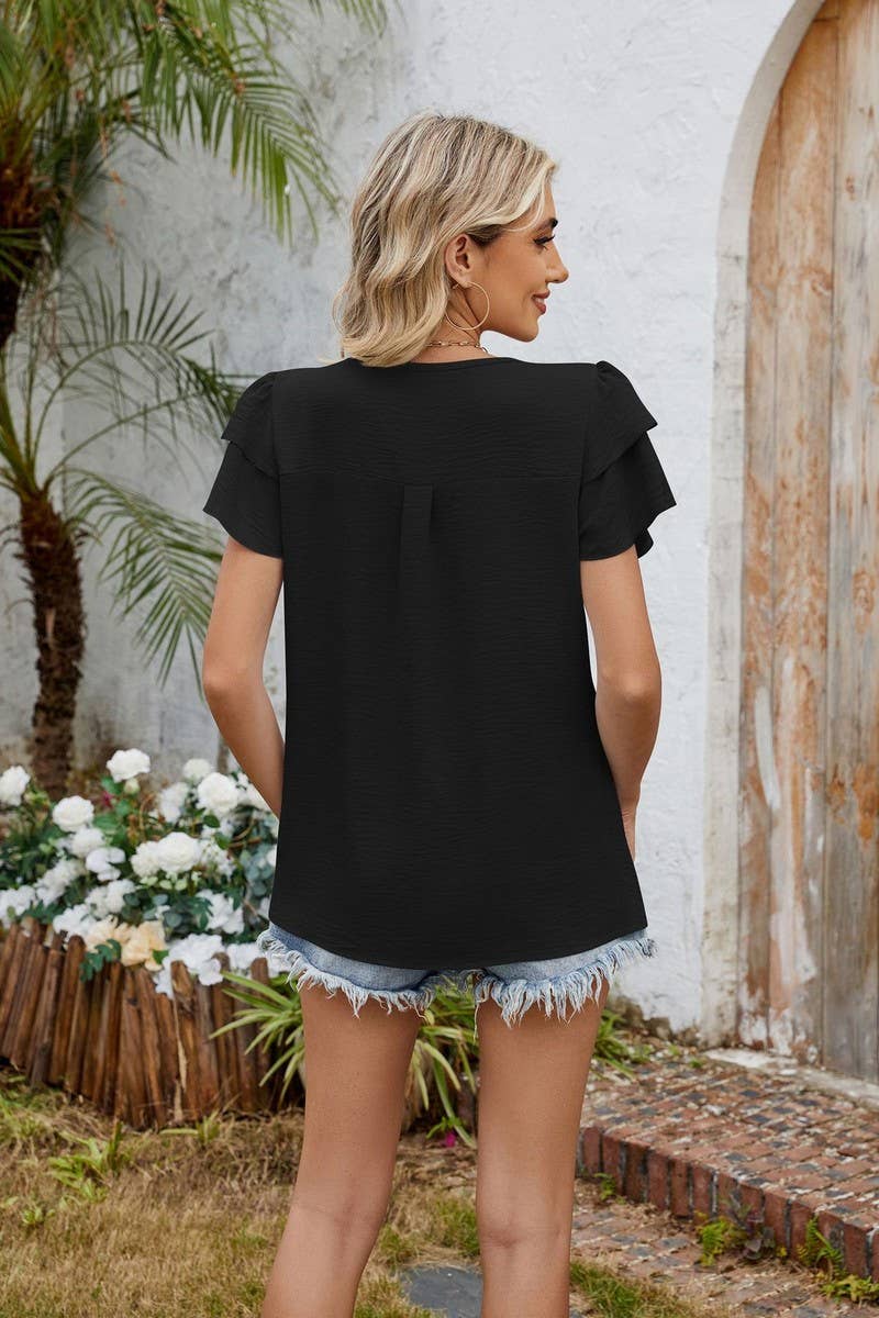 CWTBLS1737_V-NECK HOLLOW DOUBLE-LAYER SLEEVE CHIFFON TOP