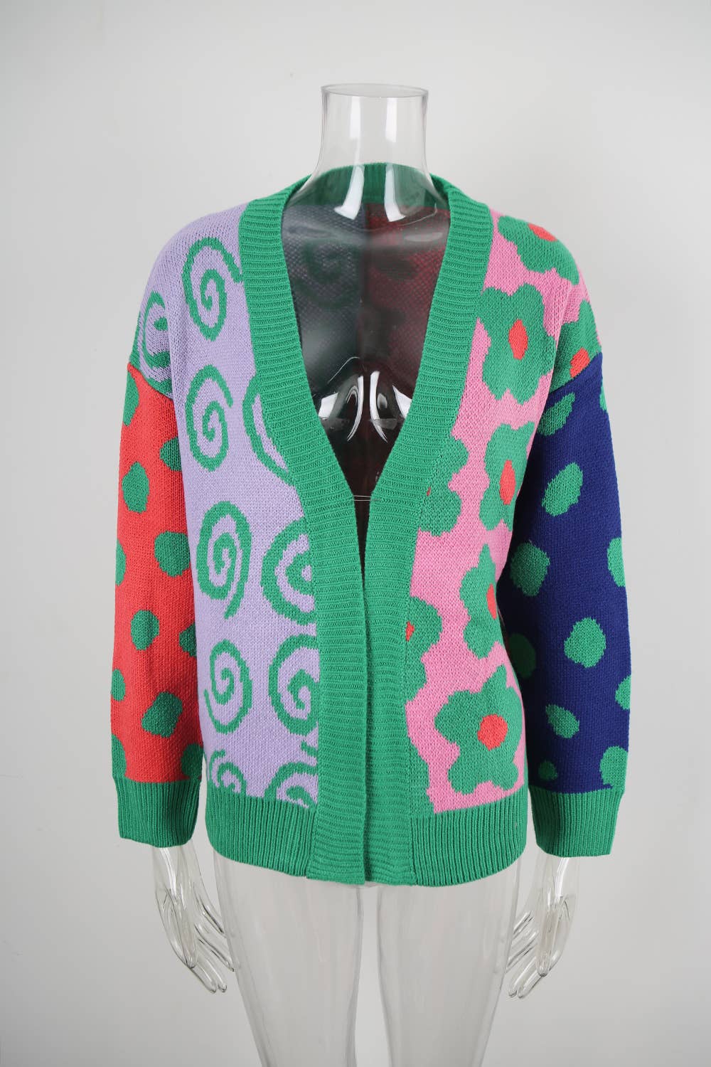 Color-blocking loose,buttonless knitted cardigan